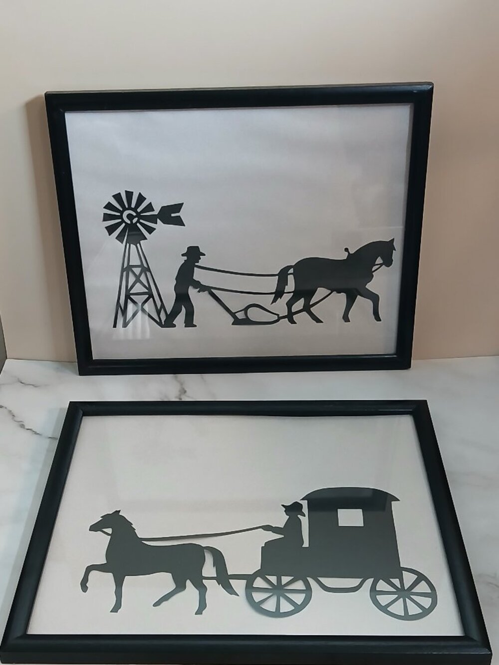 2 Framed Silhouette/Scherenschnitte-Amish Scenes-Handmade